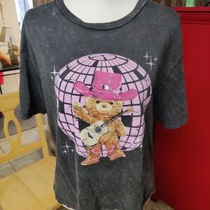 Rebellious One Black Tee with Pink Disco Bear, Size Large Juniors